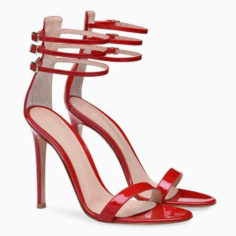 Summer Red Shiny Patent Leather Three Buckles Strap High Heel Sandals Female One Line Cover Heel Stiletto Heels Party Sandals