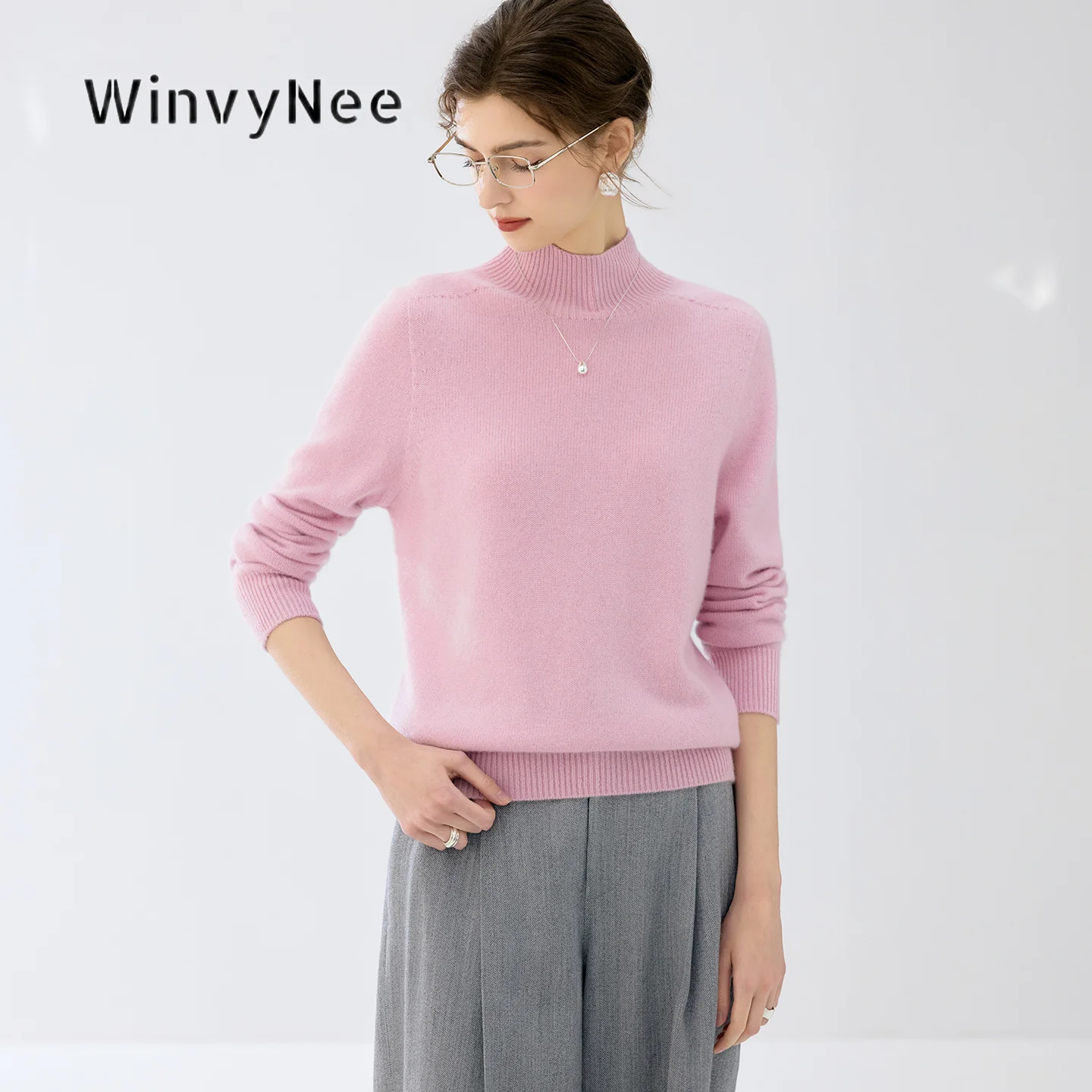 WinvyNee Women Soft Elastic Knit Pullover Cashmere Long Sleeve Mock Neck Knit Top Autumn Winter Thickened Thermal Layer A1944030