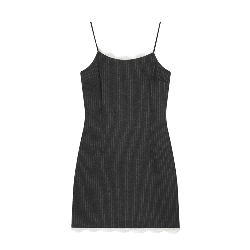 セクシーなピンストライプレースキャミドレス、レディースノースリーブボディコンミニドレス、パーティーナイトアウト用のエレガントなスパゲッティストラップドレス