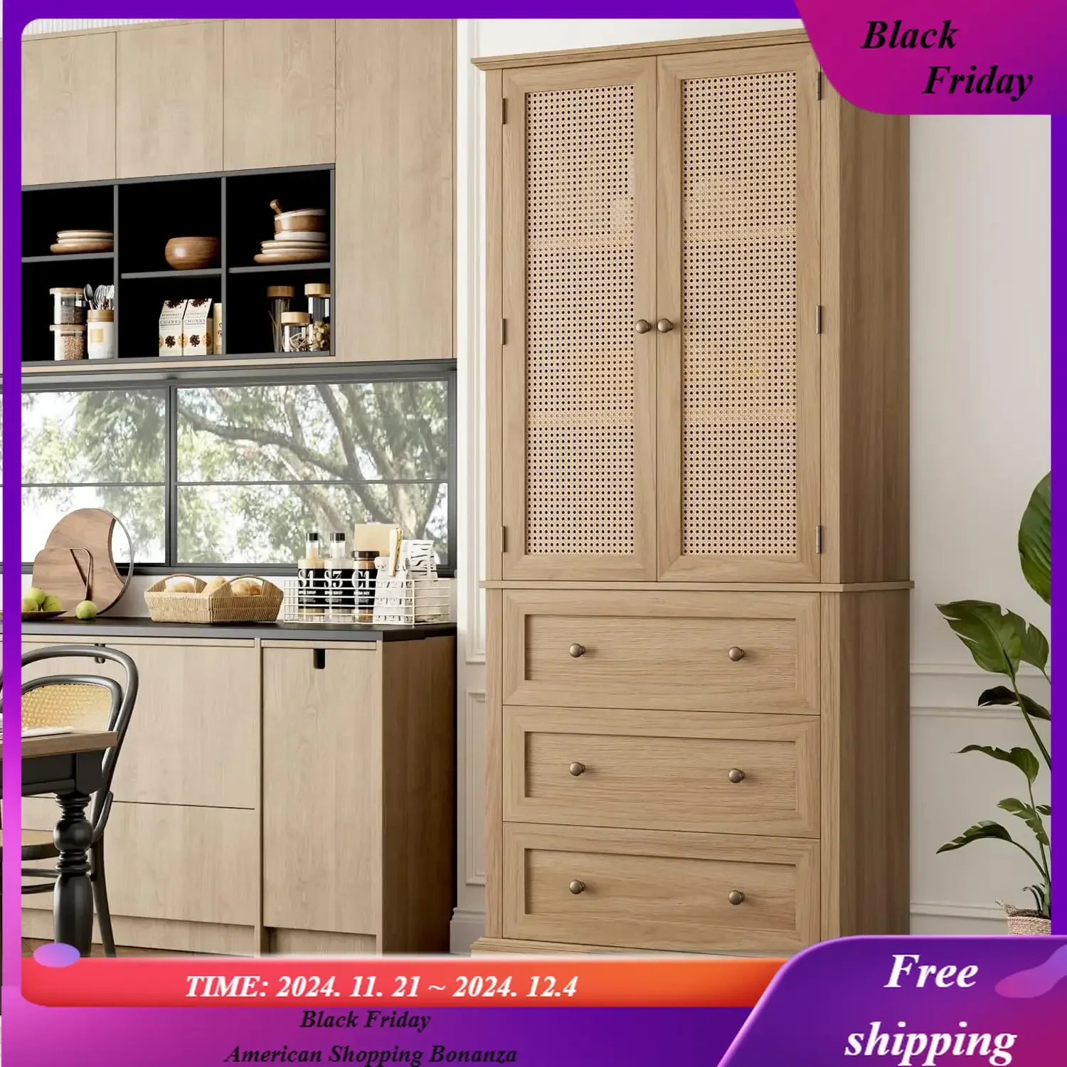 Kitchen Pantry, Rattan Doors Pantry Cabinet with 3 Drawers and Adjustable Shelf, Large Wood Storage Cabinet,