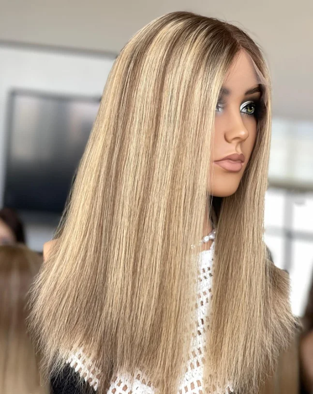 Wig Rambut Lurus Pantai Pirang Berakar Wig Bagian Tengah Wig Depan Renda Sintetis Aman Panas Akar Gelap untuk Wanita Wig Pengiriman Cepat