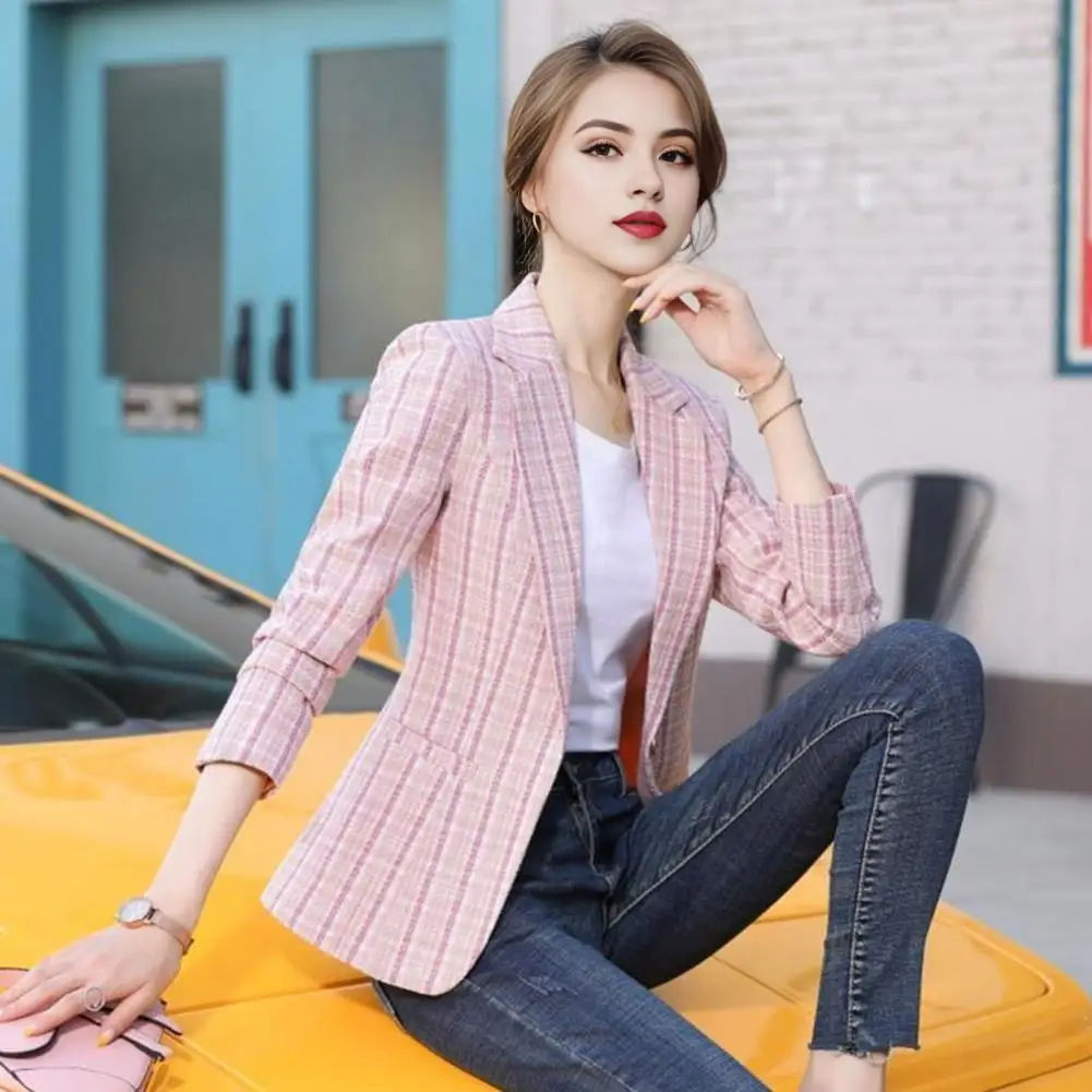 Women Plaid Print Suit Coat Suit Coat Spring Autumn Women’s Suit Coat Single Button Blazer Office Lady Lapel Jacket