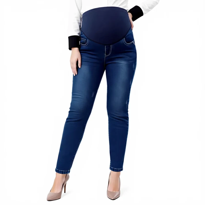 Plus Size Maternity Denim Pants High Waist Super Stretch Over Belly Skinny Fit For Pregnant Women