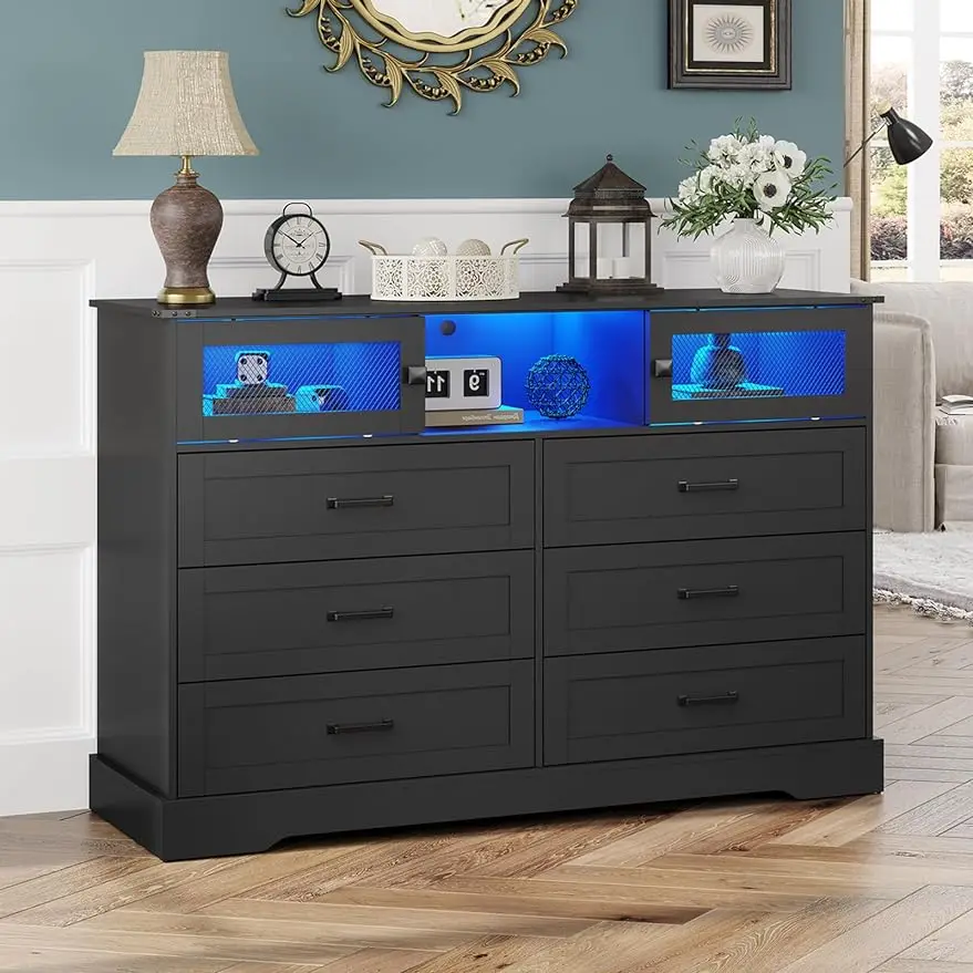 

Farmhouse 6 Drawer Dresser with Charging Station, LED Dresser with 2 Sliding Doors, Wood Wide Chest of Drawers,Storage Dressers