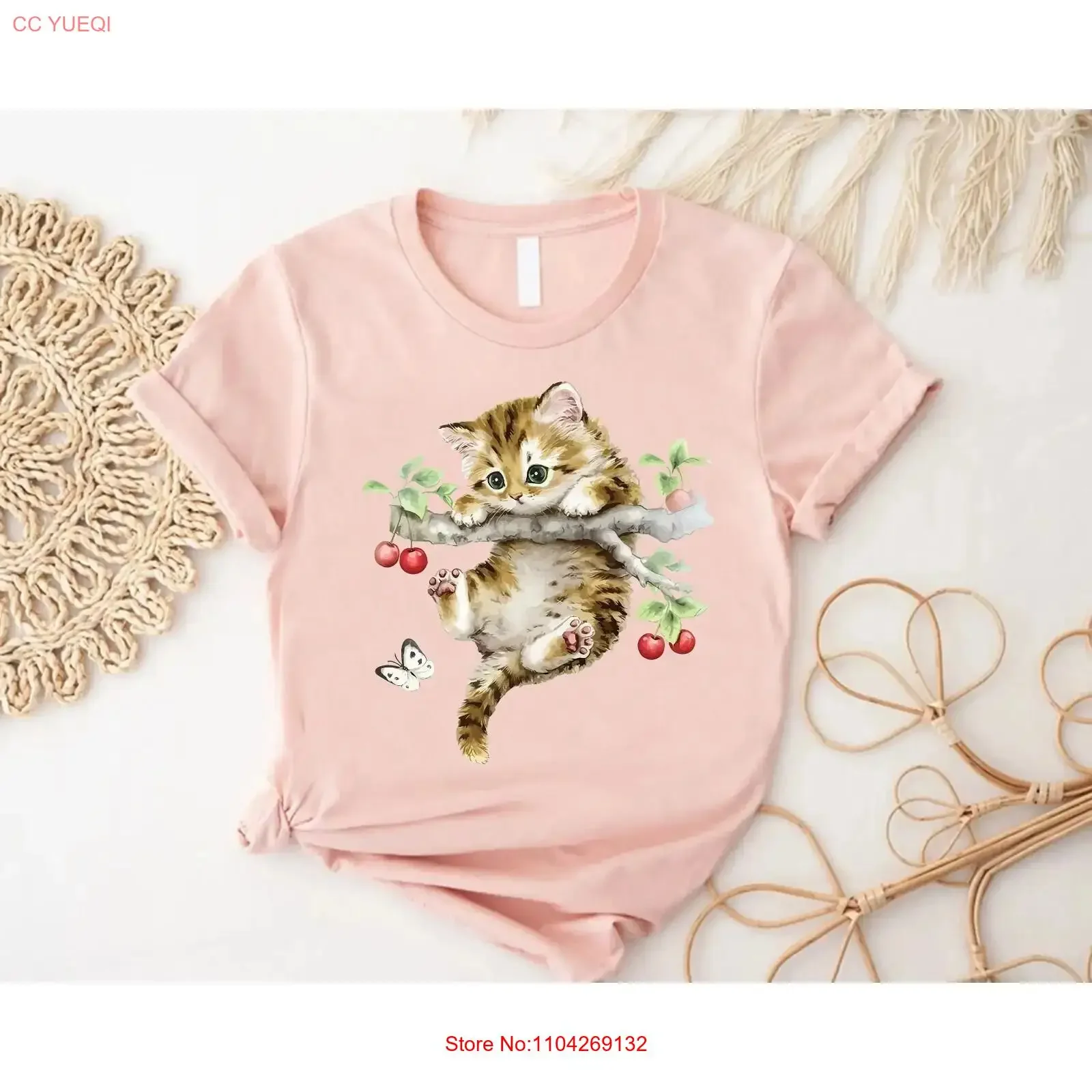 Cute Cat Kitten Cherry Branch Meow Lover T Shirt vintage Washed Stretched Top For Everyday Wear Comfortable graphic streetwear