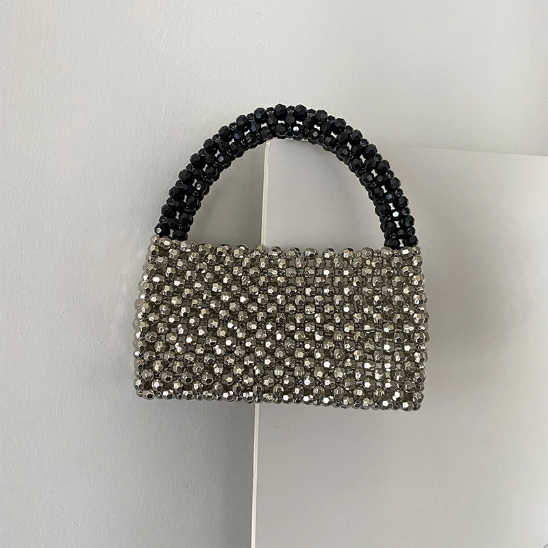 Handmade Crystal Metalic Beaded Bags for Women Fashion Bright Black Silver Small Square Handbag Handmade Shopper Pearl Summer