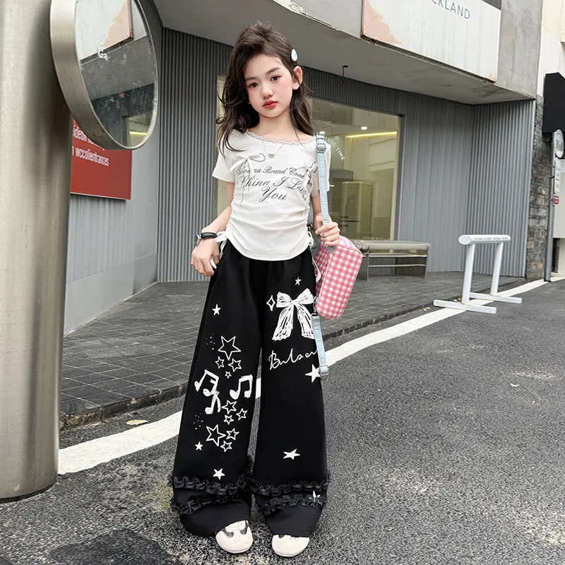 بدلة رياضية للمراهقين لخريف 2025 تي شيرت بناتي من القماش بفيونكة جرافيتي تي شيرت قصير أو بنطال طويل واسع الساق للأطفال الهيب هوب جاز 4 8 9 10 12 14 سنة