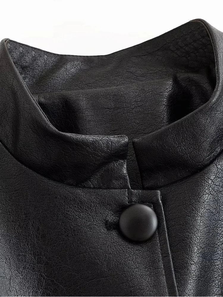 AACHOAE Women PU Leather Jacket Belted Waist Coat Stand Collar Button Front Long Sleeve Casual Vintage Faux Leather Outerwear