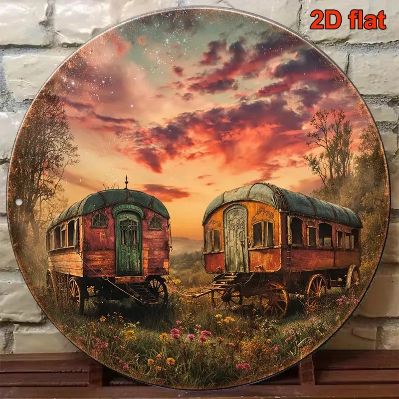 2D Flat - 【2D Flat】 2D Flat Print 1pc Metal Iron Sign. Round Sign | Vintage Gypsy Caravan Sunset Decorative Plaque, Bohemian Tra