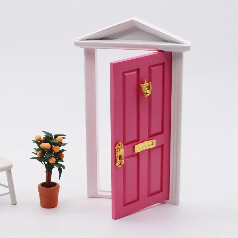 1:12 Doll House Accessories Miniature Furniture Micro-scene Model Diy Dollhouse Pink Pointed Roof Door Christmas Decoration