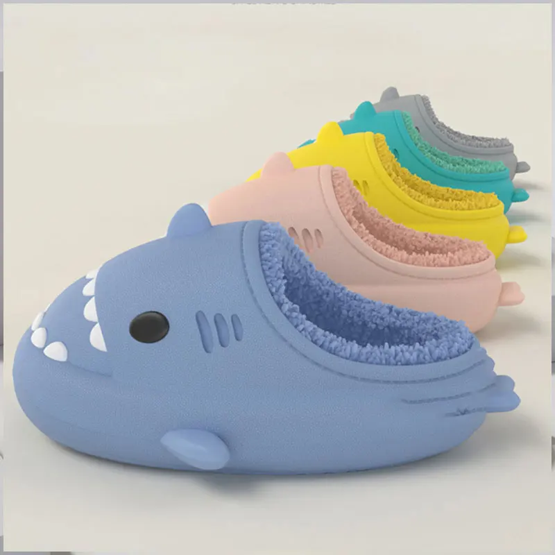 Bebealy New Cute Shark Slippers For Women Winter Warm Fur Shark Flip flops Women Outdoor Lovely Fluffy Plush House Man Slippers