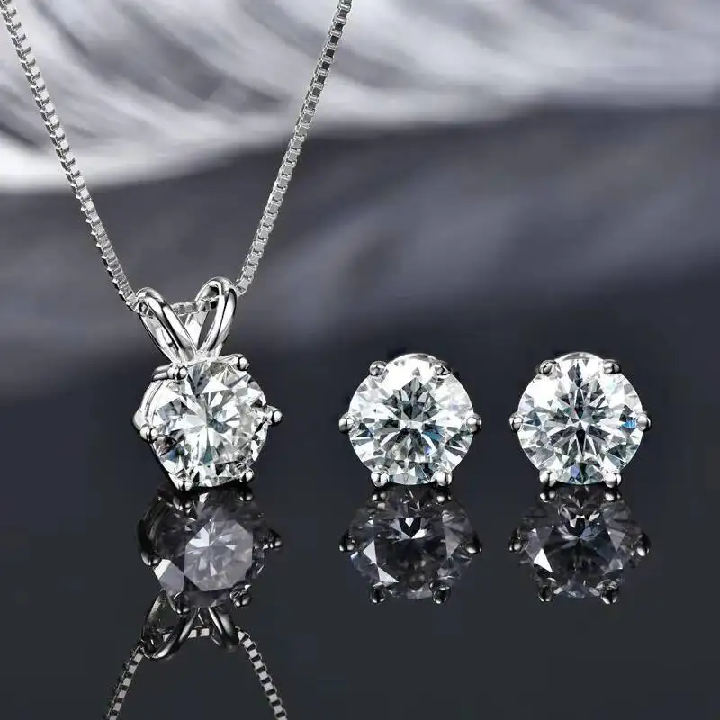 

TS 925 Silver Gold Plated Moissanite Set Earrings Pendant Necklace For Women Men Gift Fine Jewelry