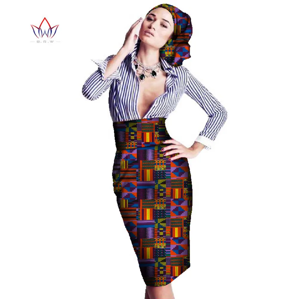 Bintarealwax African Wax Print Skirt with Headscarf Fashion African Women Clothing Bazin Pencil Knee-Length Skirt WY058