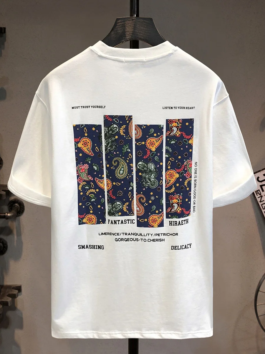 

Мужская летняя футболка из плотного хлопка, свободного кроя, с модным принтом, круглым вырезом, коротким рукавом, в стиле High Fashion, в национальном тренде