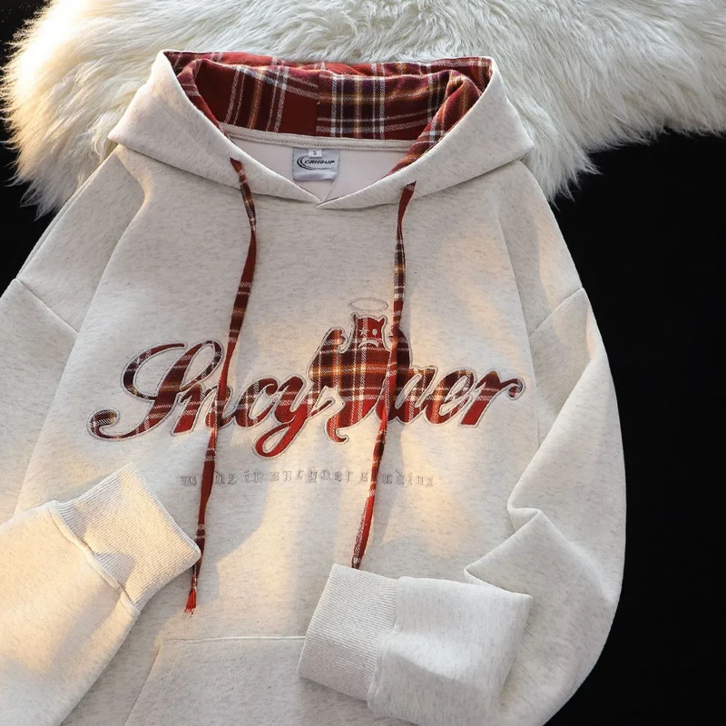 

Lazy Chic Checkered Embroidered Hooded Sweatshirt for Women Long Sleeved Loose Retro Couple Jacket Trendy
