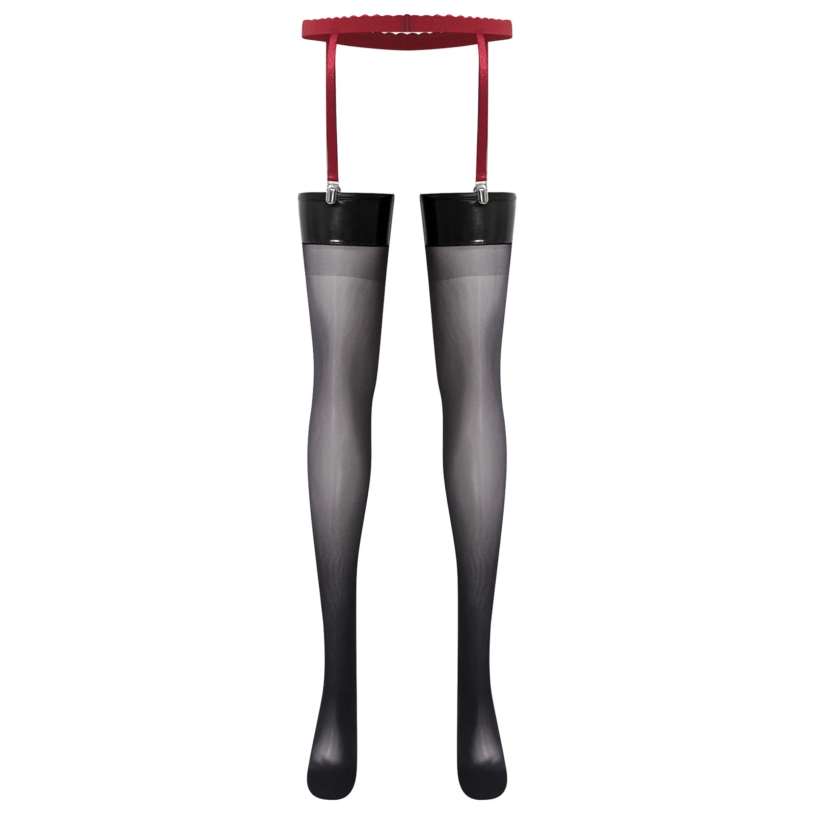 

Women Patent Leather Thigh High Socks Sexy Lingerie Glossy Footed Stockings with Elastic Waistband Garters Nightwear Clubwear