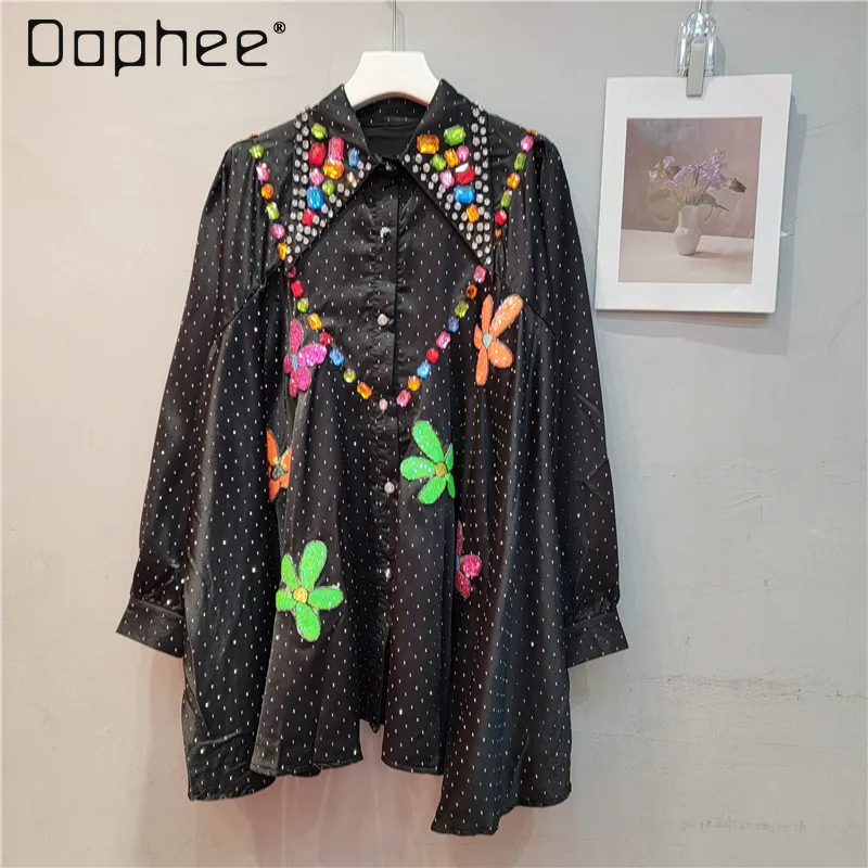 

Sparking Heavy Industry Rhinestones Shirts Women Sequins Flower Lapel Ruffle Hem Colorful Diamonds Single Breasted Loose Tops