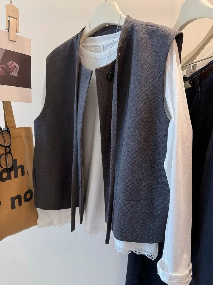 

Faionable Pure Color Double Strap Suit Vest Loose Slimming oulder Pad Top for Women Commute Sle Regular Fit Medium Warmth