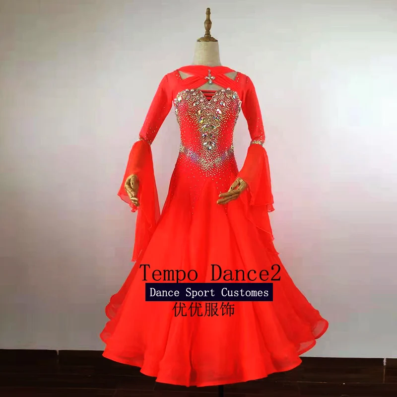 Vestido de baile de salón para mujer, ropa de manga larga, naranja, para Tango, Rumba, flamenco, UK10, us8