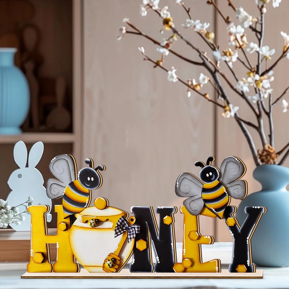 1PCS 2D 11in Farmhouse Bees Honey Wooden Figurine Table Hanging Decoration Living Room Bedroom Children's Room Kindergarten Gift