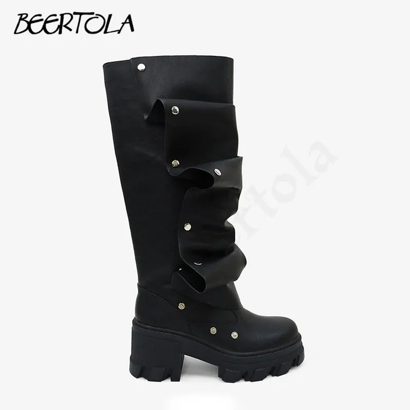 Pleated Studded Thick-Soled Boots Round Toe Solid Color Pull-On Thick Heel Casual Knee-High Boots Large Size Fashionable Boots