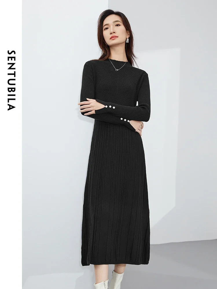 SENTUBILA Black Elegant Stand Collar Knit Pleated Dress 2024 Spring Fashion Woman Long Sleeve Midi Dresses Clothing W44L58523X