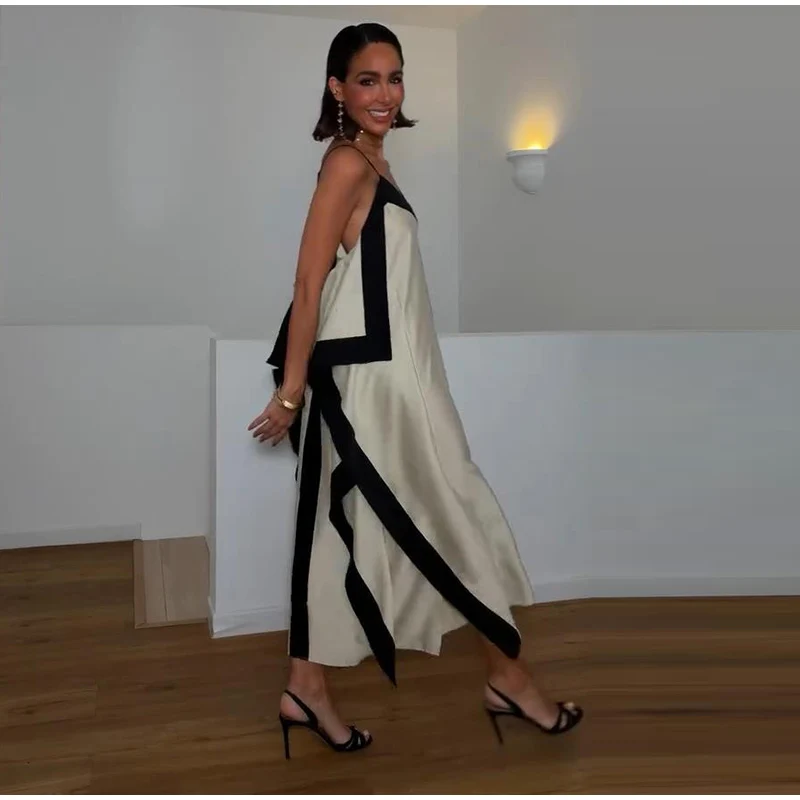 Contrast Black Trim Satin Maxi Dress Deep V Neck Loose Flowy Ruffle Hem Lady Long Gown 2026 Summer Formal Chic Vacation Dresses
