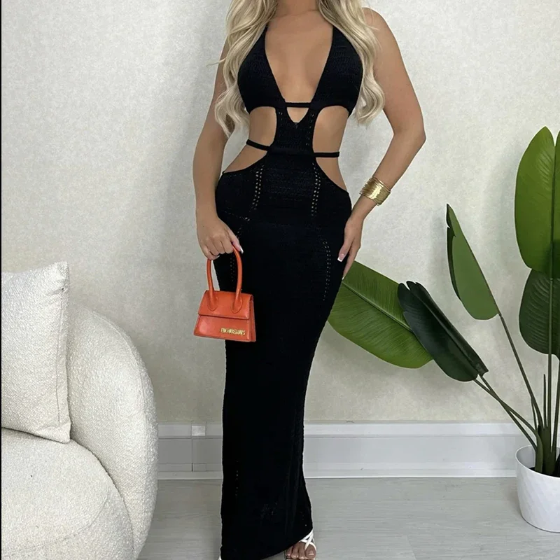 Neue Stil Aushöhlen Backless Tie Up Kleid Frauen Strand Urlaub Sonne Baden Sonnencreme Langes Kleid Stricken Beachwear Cover Up