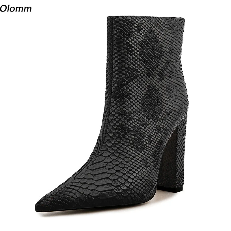 Olomm, nueva moda, botines de invierno para mujer, tacones gruesos de serpiente, puntiagudos, elegantes zapatos de fiesta negros para mujer, talla grande de EE. UU. 5-13