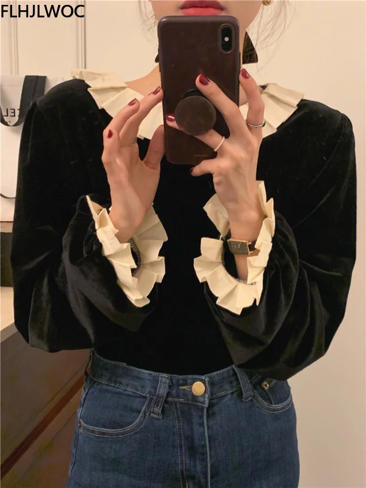 Two Way Wear 2022 Cute Sweet Girls Tops Blusas Hot Sales Chic Korea Japan Style O Neck Solid Black Ruffles Velvet Blouse 1071