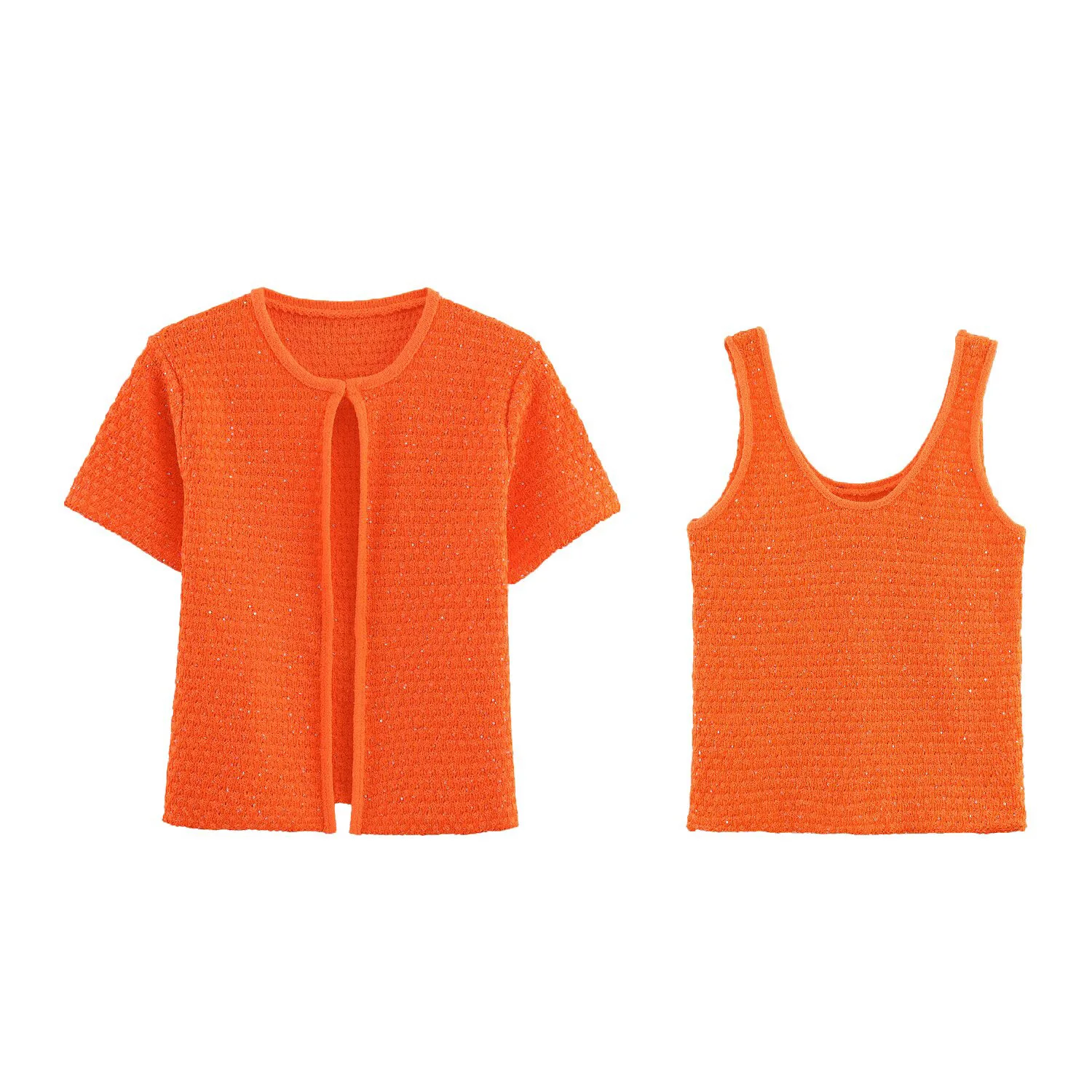 Gilet camisole tricoté de tempérament doux français + ensemble à manches courtes pour femmes, nouveau style d'été, ensemble deux pièces intérieur et extérieur