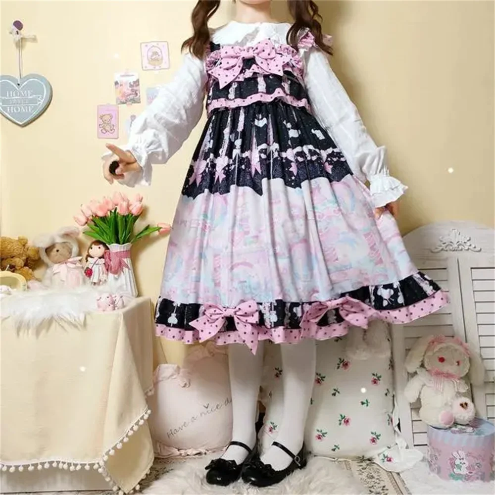 Parco divertimenti per ragazze giapponesi stampa White Wave Dot Bowknot dolce Lolita Dress Kawaii Girls Spring Vestidos Cosplay Lolita Jsk