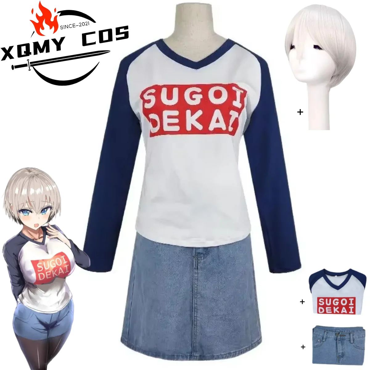 XQAnime Uzaki-Chan quiere pasar el desempeñar! Uzaki Hana disfraz de Cosplay camiseta de día de verano falda vaquera peluca mujer Sexy ocio diario Sui