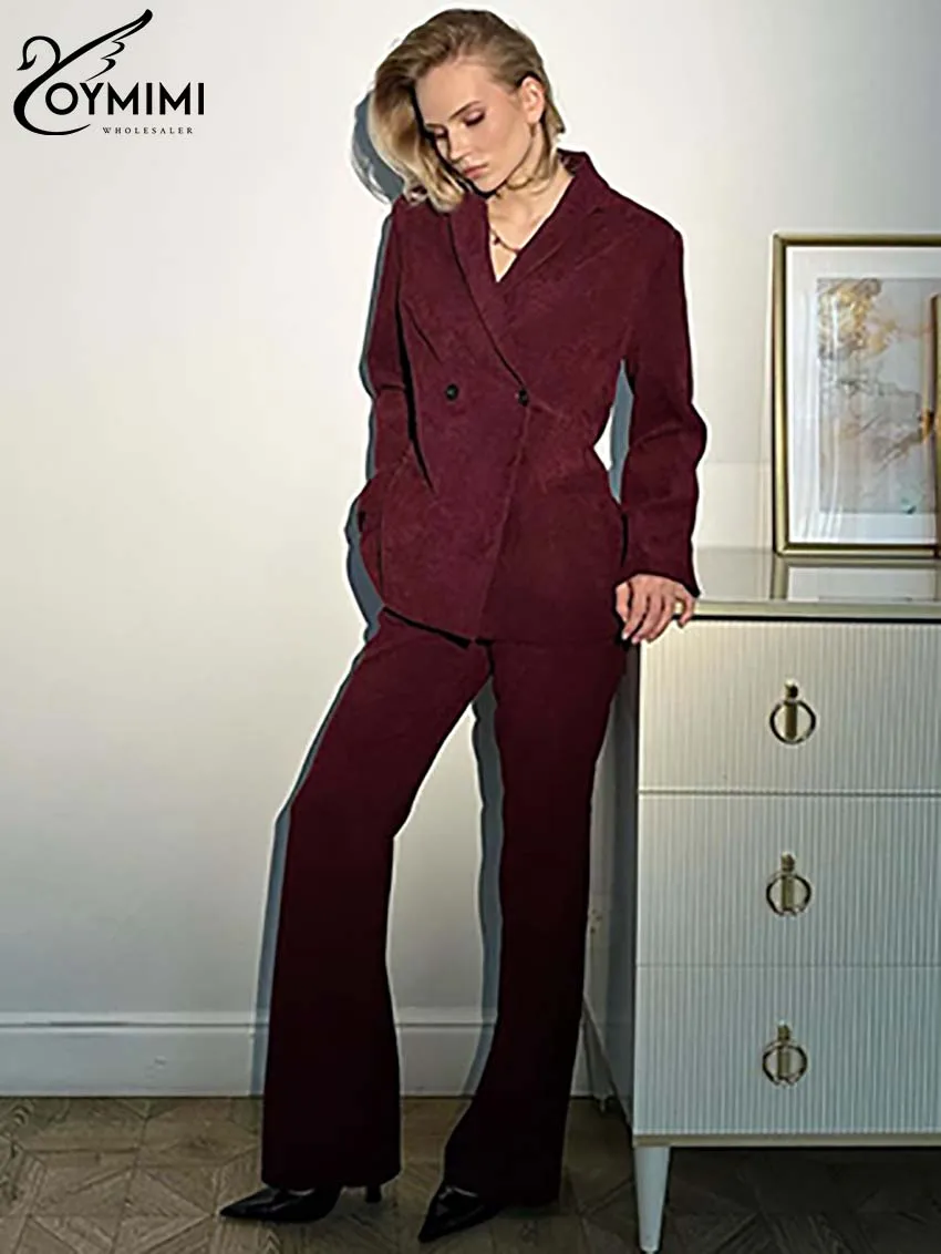 Oymimi Elegant Wine Red Women 2 Piece Set Outfit Fashion Long Sleeve Double Breasted Shirts And Button Straight Trousers Sets