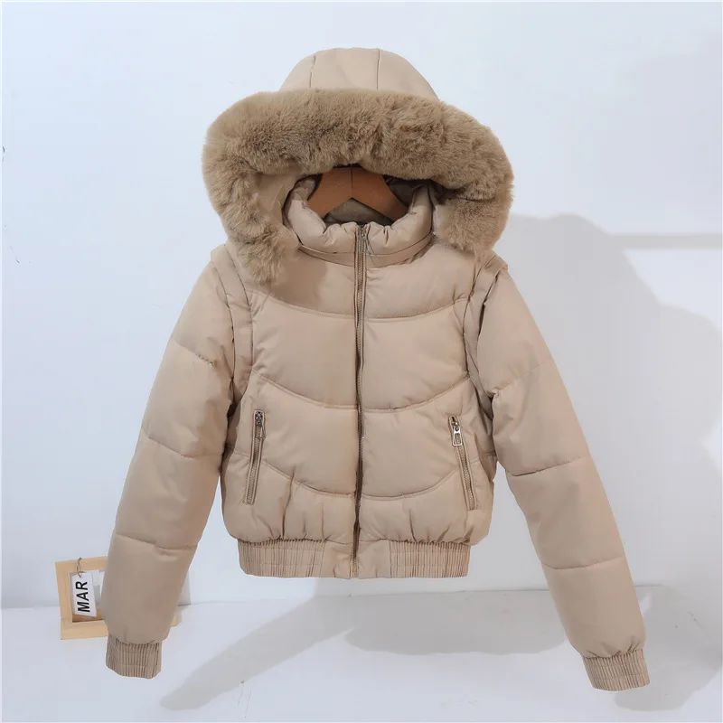 

Thick Parkaa Women Fur Collar Warm Short Coats Zipper Hooded Slim Fit Casual Solid Jacket High Waist Jackets Autumn Winter