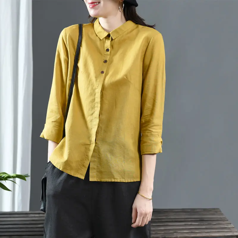 Women\'s Spring Autumn Solid Color Standing Neck Button Temperament Long Sleeved Loose Casual Versatile Cotton Linen Shirt Tops