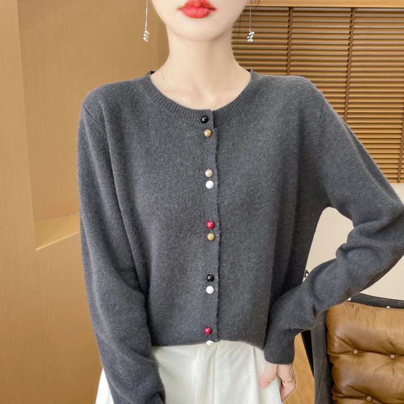 2024 Autumn New Knitted Wool Round Neck Cardigan Women's Knitted Coat Color Buckle Thin Long Sleeve Top