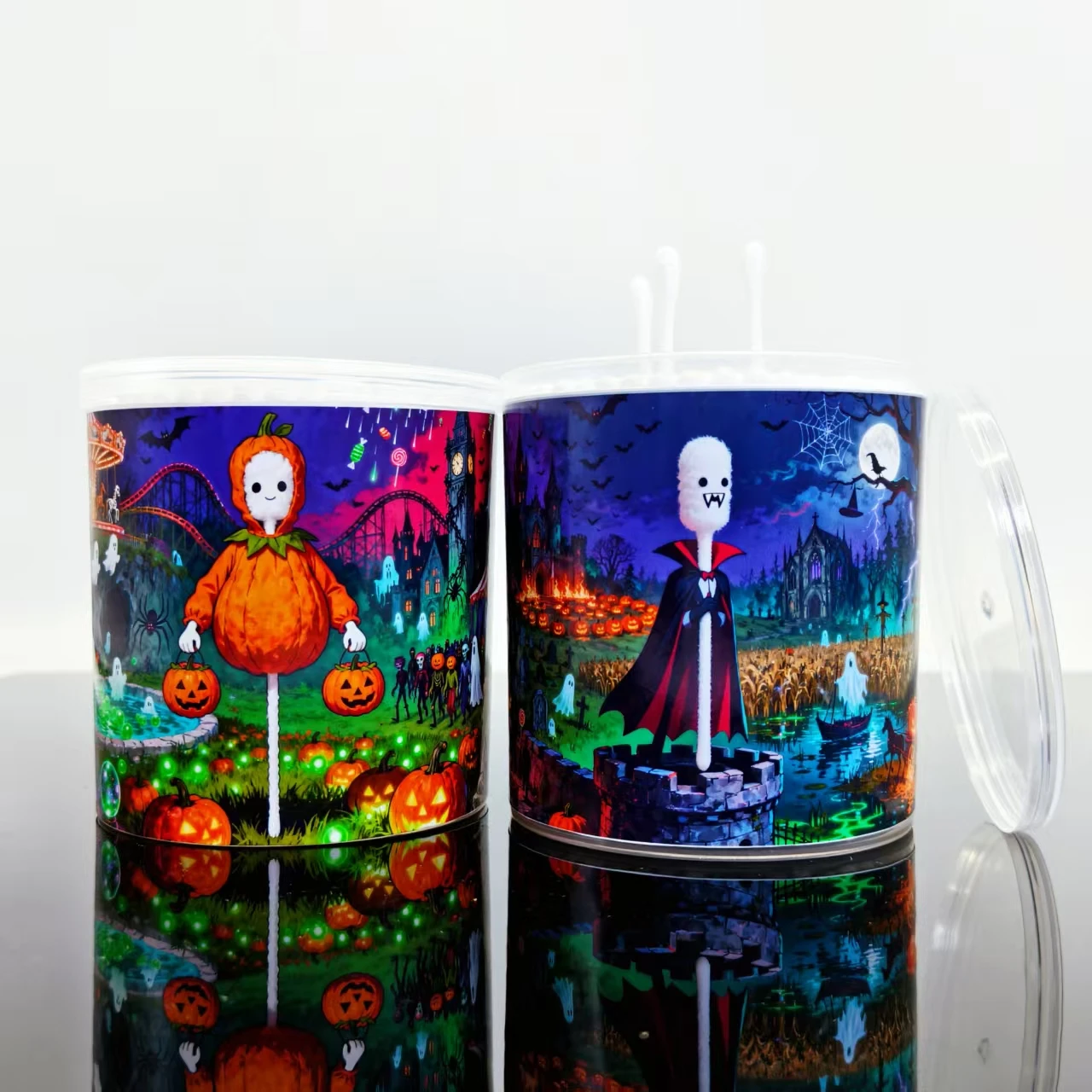 400개/800개 할로윈 호박 뱀파이어 패턴 면봉, 흰색 이중 라운드 헤드 휴일 선물 면봉