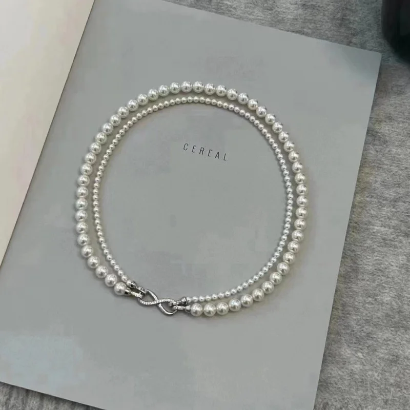 Fine Jewelry 925 Sterling Silver Natural Freshwater White Round Pearl Double Layer Adjustable Sweater Pearl Chain Necklace