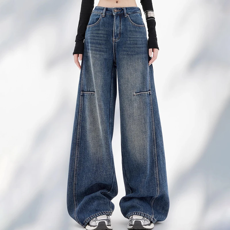 

American Retro Ripped Women Wide Leg Jeans Summer New Fashion High Waist Button Pockets Sickle Pants All-Match Casual Baggy Pant