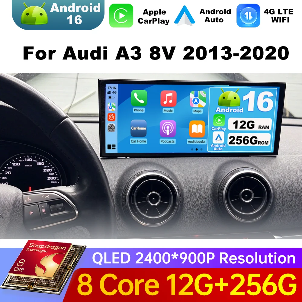 For Audi A3 8V 2013-2020 GPS Navigation WiFi BT 4G Car Radio Multimedia Video Player 12.3Inch QLED Touch Screen Wireless Carplay
