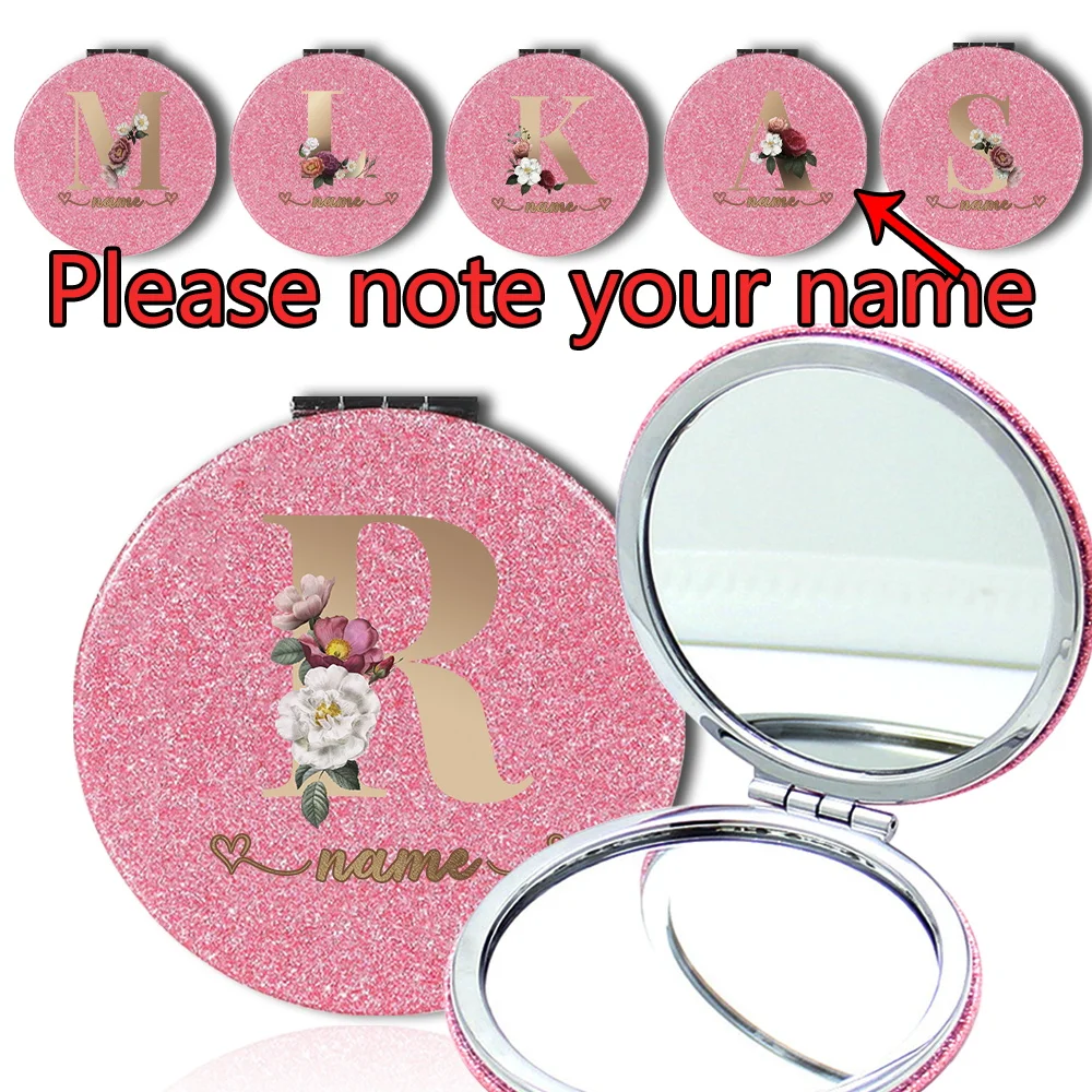 Customized Name PU Makeup Mirror Folding Double Face Glitter Mirror Portable Handheld Magnifying Mirror Cosmetic Beauty Tool