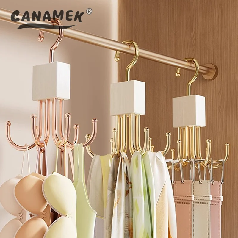 Rotating Wooden Metal Belt Hanger Multi-Functional Closet Organizer For Belts Bras Ties And Scarves With Stainless Steel Hooks