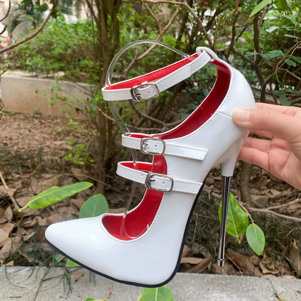 

Hot New Arrival 16cm Super High Heels White Ankle Strap Pumps Sexy Fetish Stilettos Instep Strap Man Unisex Shoes Plus Size46