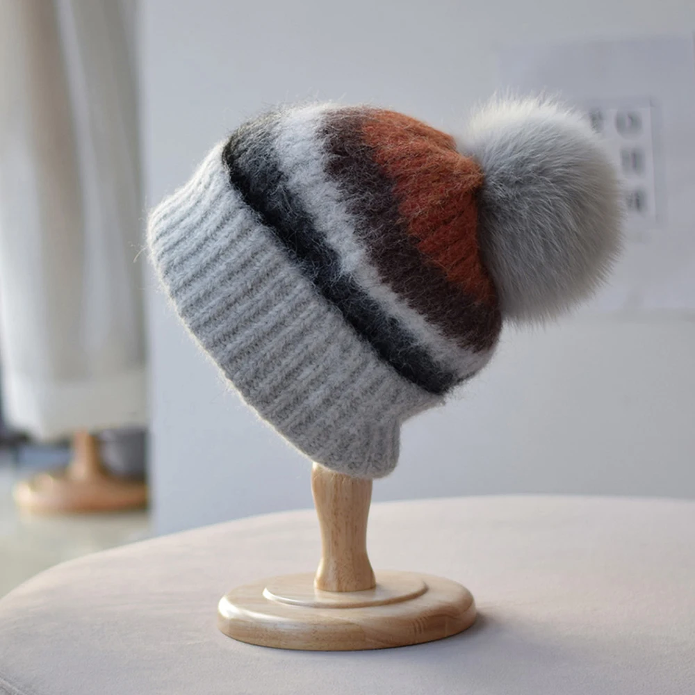 

Hat Pompom Real Fur Women Winter Beanie Wool Knit Autumn Warm Accessory For Cold Weather Sports Skiing Outdoor Holiday