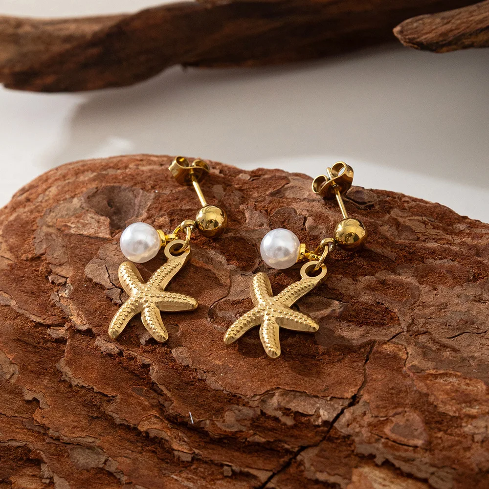 EILIECK 316L Edelstahl Seestern Perlen Muschel Anhänger Halskette Ohrringe Set für Damen Trendiger Wasserdichter Strand-Schmuck Geschenk – Detail 13