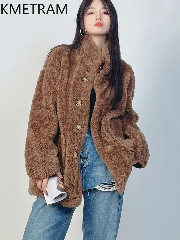 KMETRAM 100% Wool Coat Woman High Quality Reversible Jackets Winter Clothes Warm Brown Furry Jacket 2025 abrigos invierno mujer