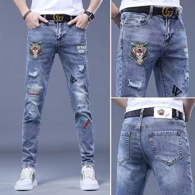Spring and Autumn Fashion Trend Embroidered American Retro Straight Leg Elastic Jeans For Men's Casual Sports High-Quality Jeans