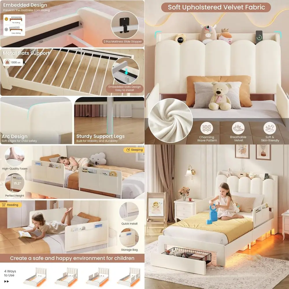 

Двуспальная кровать с бархатной обивкой, платформой, местом для хранения, защитными бортиками, волнистой доской, зарядной станцией и металлическим каркасом, бежевая