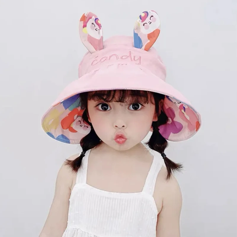 Adjustable Baby Bucket Hat Girls Sun Hat Cute Rabbit Children\'s  Empty Top Cap Large Kids Beach Cap  Bonnet